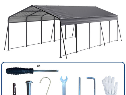 Metal Carport 13 X 26.5 Ft Heavy Duty With Galvanized Steel Roof Metal Garage Canopy With Galvanized Steel Roof & Frame Car Tent Outdoor Storage Shed For Car Boats And Truck - Gray