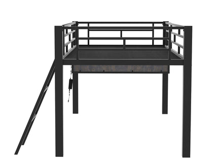 Modern Gaming Mid Loft Bed With Desk And LED Lights