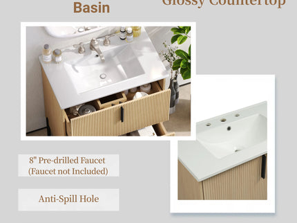 Bathroom Vanity With Ceramic Sink, Fluted Design