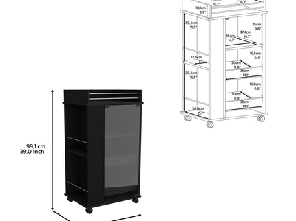 Bar Cart With Glass Door, 2 Side Shelves And Casters - Black