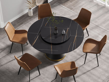 Modern Artificial Stone Round Carbon Steel Base Dining Table, Can Accommodate 6 People Artificial Stone Turntable - Black