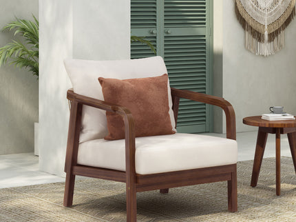 Outdoor Lounge Chair With Woven Backrest, Solid Wood Frame, Comfortable Cushions