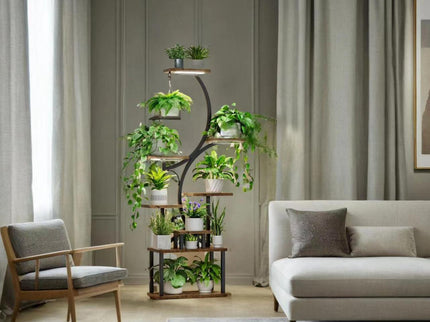 8 Tier Indoor Plant Stand With Grow Lights, S Shaped Metal Shelf For Multiple Plants - Black / Dark Walnut