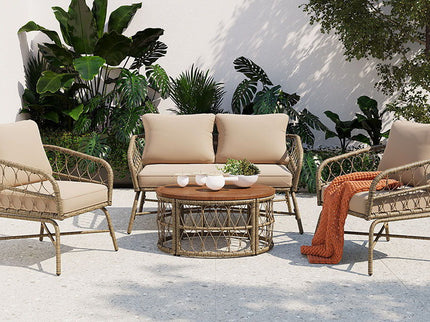 Bohemia-Inspired 4 Person Outdoor Seating Group With Removable Cushions, Conversation Patio Set With Wood Tabletop - Beige