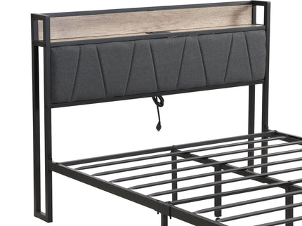 Modern Bed Frame With LED Lights, Upholstered Headboard, USB Charging