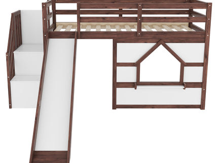 Loft Bed With Storage Stairs, Slide, Playhouse Window And 7 Colors LED Lights