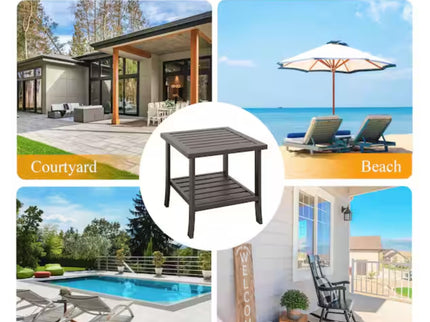 Square 2 Tier All-Weather Outdoor Side Table With Slatted Top