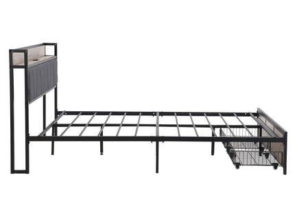Modern Bed Frame With LED Lights, Upholstered Headboard, USB Charging