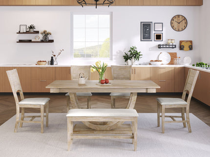 Topmax - 6 Piece Wood Half Round Dining Table Set Kitchen Table Set With Long Bench And 4 Dining Chairs, Modern Style