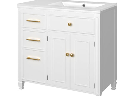 Modern Bathroom Vanity With Ceramic Sink, Freestanding, One Tip Out Drawer, 3 Side Drawers, Adjustable Shelf