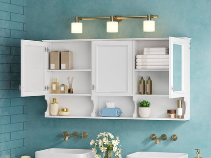 Wall-Mounted Mirror Medicine Cabinet With Adjustable Shelf And Open Shelves, Bathroom Storage Cabinet Over Toilet - White