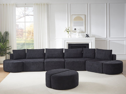 Modular Sectional Sofa With 6 Pillows And 4 Curved Footstools For Living Rooms - Black