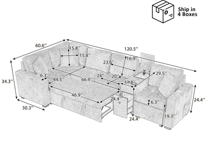 Modular L-Shaped Sectional Sofa Bed With Pull-Out Sleeper, Cup Holders, And Storage
