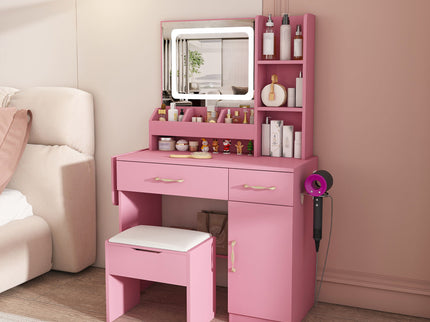 Vanity Desk With LED Mirror Lights And Power Outlet Charging Station, 3 Drawers, 7 Shelves, Storage Stool - Pink