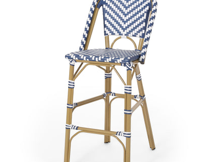 Outdoor Rattan French Barstool Set,, Bamboo, Seat Height - Navy Blue / White