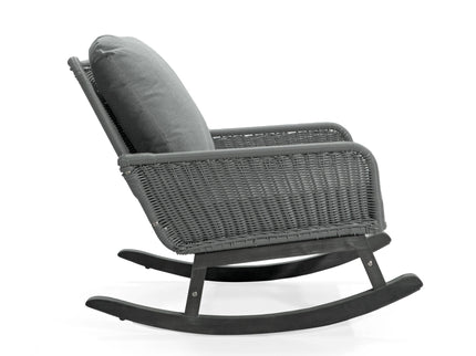 Modern 3 Piece Outdoor Seating Set With Cushioned Rattan Rocking Chairs And Wooden Accent Table