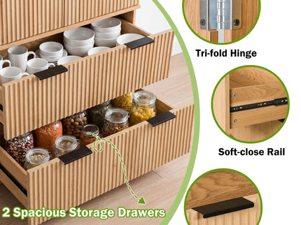 Fluted Kitchen Pantry Cabinet With 2 Large Drawers & 8 Door Spice Rack Freestanding Storage Organizer - Oak