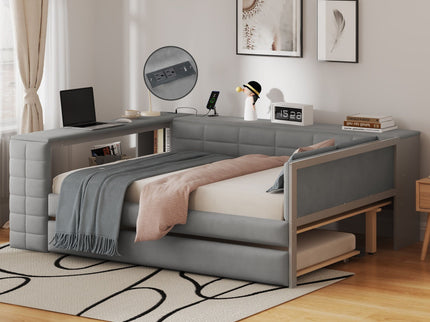 Upholstered Platform Bed With Storage Shelves, Desk, Charging Station And Trundle