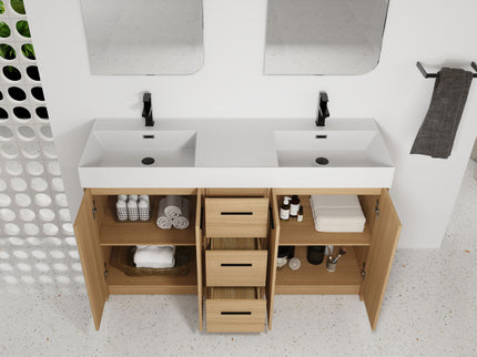Double Sink Bathroom Vanity With 3 Drawers, Large Storage, Integrated Sink, Freestanding Cabinet, Soft Close Hardware - Glossy White / Light Oak