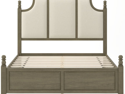 Farmhouse Platform Bed Frame With Tall Linen Upholstered Headboard