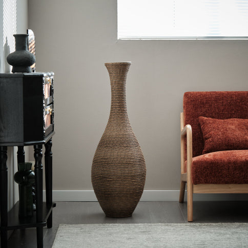 Tall Artificial Rattan Floor Vase In Elegant Statement Piece For Living Room Decor, Entryway, Or Hallway Versatile Home Accent For Dried Or Silk Floral Arrangements - Beige / Gray