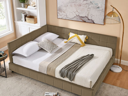 Mid-Century Storage Upholstered Tufted Bed Frame With Backrest And Armrests