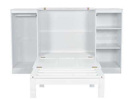 Twin Size Murphy Bed With Bedside Shelves And Wardrobe - White