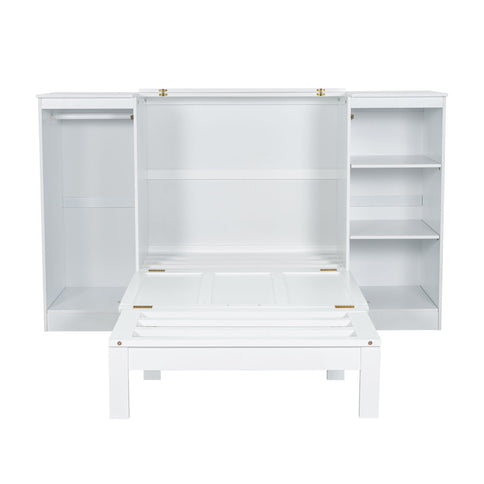Twin Size Murphy Bed With Bedside Shelves And Wardrobe - White