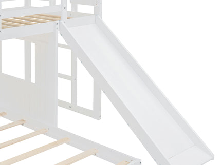 Loft Bunk Bed With Playhouse, Farmhouse, Ladder, Slide And Guardrails