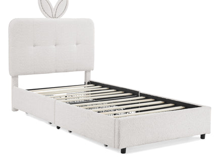 Upholstered Bed With Oversized Rabbit Ear Headboard, LED Lights & 4 Storage Drawers