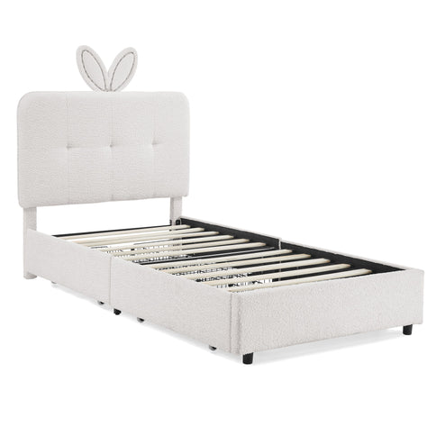 Upholstered Bed With Oversized Rabbit Ear Headboard, LED Lights & 4 Storage Drawers