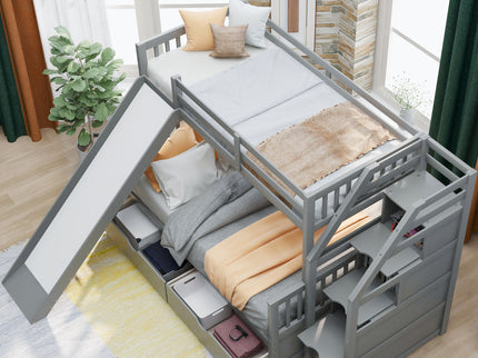 Bunk Bed With Storage Staircase, Slide, Desk, Drawers, And Shelves
