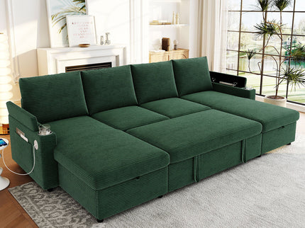 U Shaped Sectional Sofa Bed With Storage Chaise Lounges, USB Ports, And Cup Holders