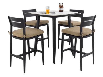 5 Pieces Outdoor Patio Bar Set, Rounded Square Table & 4 Aluminum Bar Stools