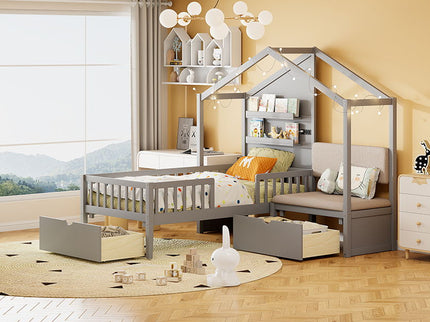House Bed With Upholstered Sofa, Wireless Charging Station, Shelves And 2 Drawers