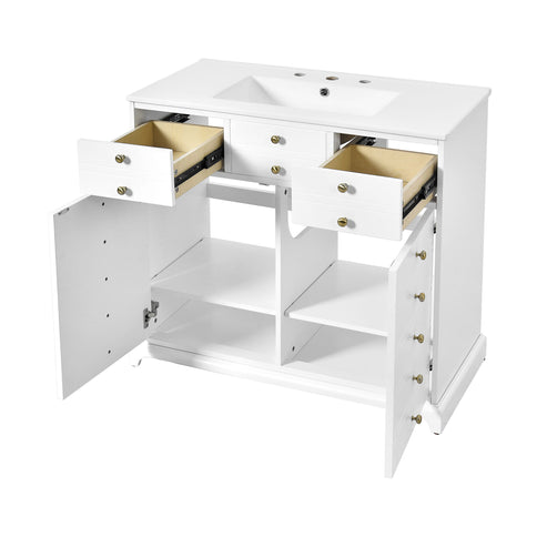 Retro Bathroom Vanity With Sink, Storage Cabinet, Freestanding With 2 Drawers & Soft-Closing Doors