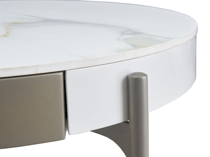 Modern Round Coffee Table With Storage Drawers Handcrafted Ceramic Inlay Tabletop 2 Tone Wood Legs Scandinavian Living Room Center Table - White / Gray