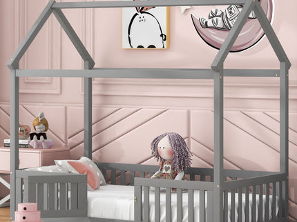 Wood House Bed With Fence And Door