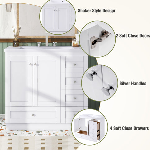 Shaker Free Standing Bathroom Vanity Cabinet With Sink, Soft Close Drawers, Soft Close Doors