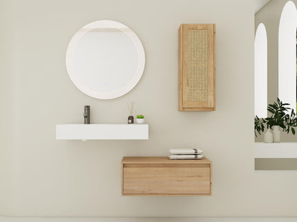 Modern Imitative Wall Mounted Bathroom Vanity With Resin Sink And Side Cabinet