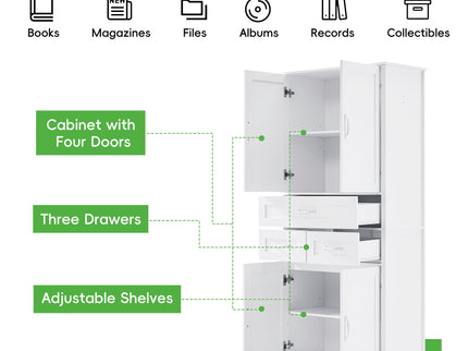 Tall Bathroom Storage Cabinet With 4 Doors 3 Drawers Adjustable Shelves - White
