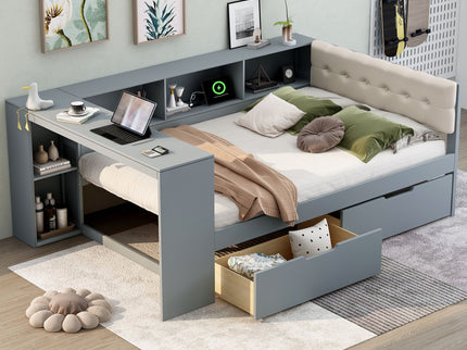 Upholstered Headboard Platform Bed With Storage Shelves, Drawers, Charging Station