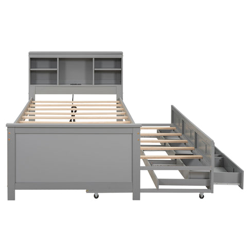 Platform Bed With Storage Headboard, USB, Trundle And 3 Drawers
