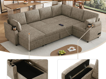 U-Shaped Sectional Sofa Bed With Storage, Charging Ports, And Cup Holders - Brown