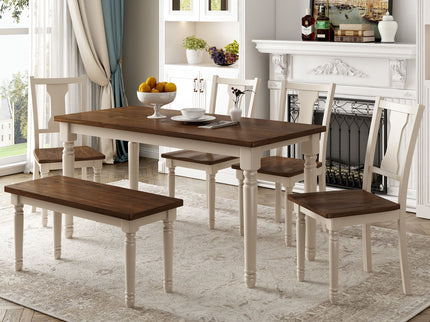 6 Piece Dining Set Classic Wooden Table And 4 Chairs With Bench For Kitchen Dining Room - Brown / Cottage White