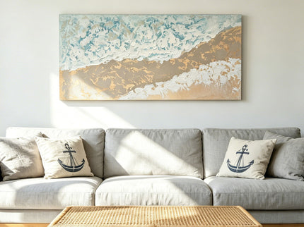 Neutral Beach Landscape Canvas Wall Art, Hand Painted Thick Textured Painting, Decor For Living Room - Beige / Blue