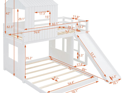 Loft Bunk Bed With Playhouse, Farmhouse, Ladder, Slide And Guardrails