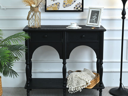 Accent Carved Console Table With Open Shelf And 2 Drawers For Living Room - Black