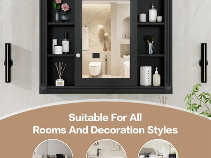 Wall-Mounted Bathroom Storage Cabinet With Mirror, 6 Open Shelves - Black