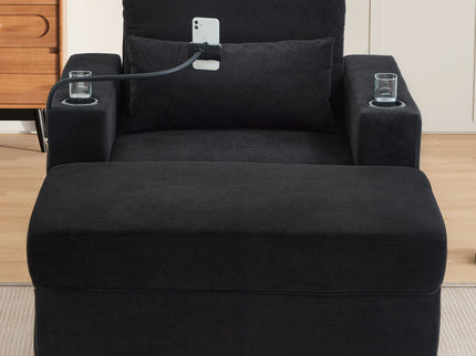 Modern Style Armchair Chaise Lounge Sofa Couch With Movable Storage Ottoman, USB Ports, Cup Holders, Phone Holder, Side Pockets